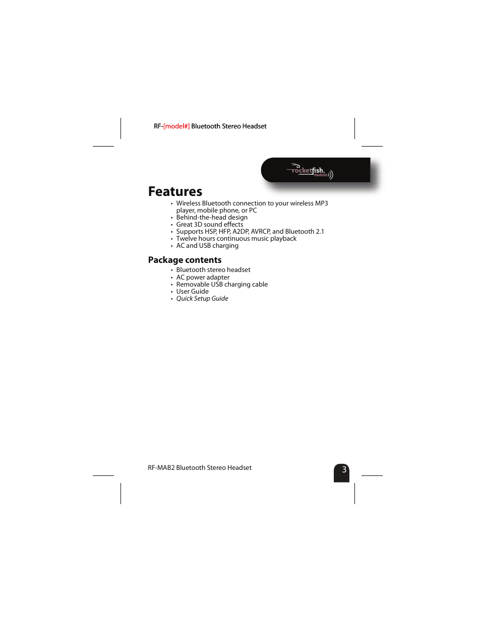 Features, Package contents | RocketFish RF-MAB2 User Manual | Page 3 / 20