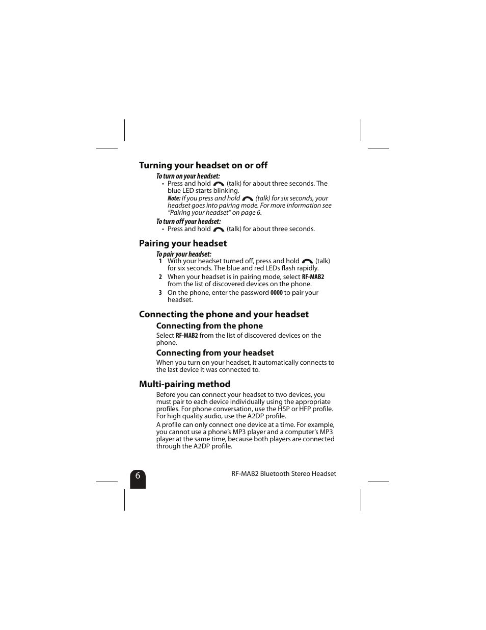 Turning your headset on or off, Pairing your headset, Connecting the phone and your headset | Multi-pairing method | RocketFish RF-MAB2 User Manual | Page 6 / 20