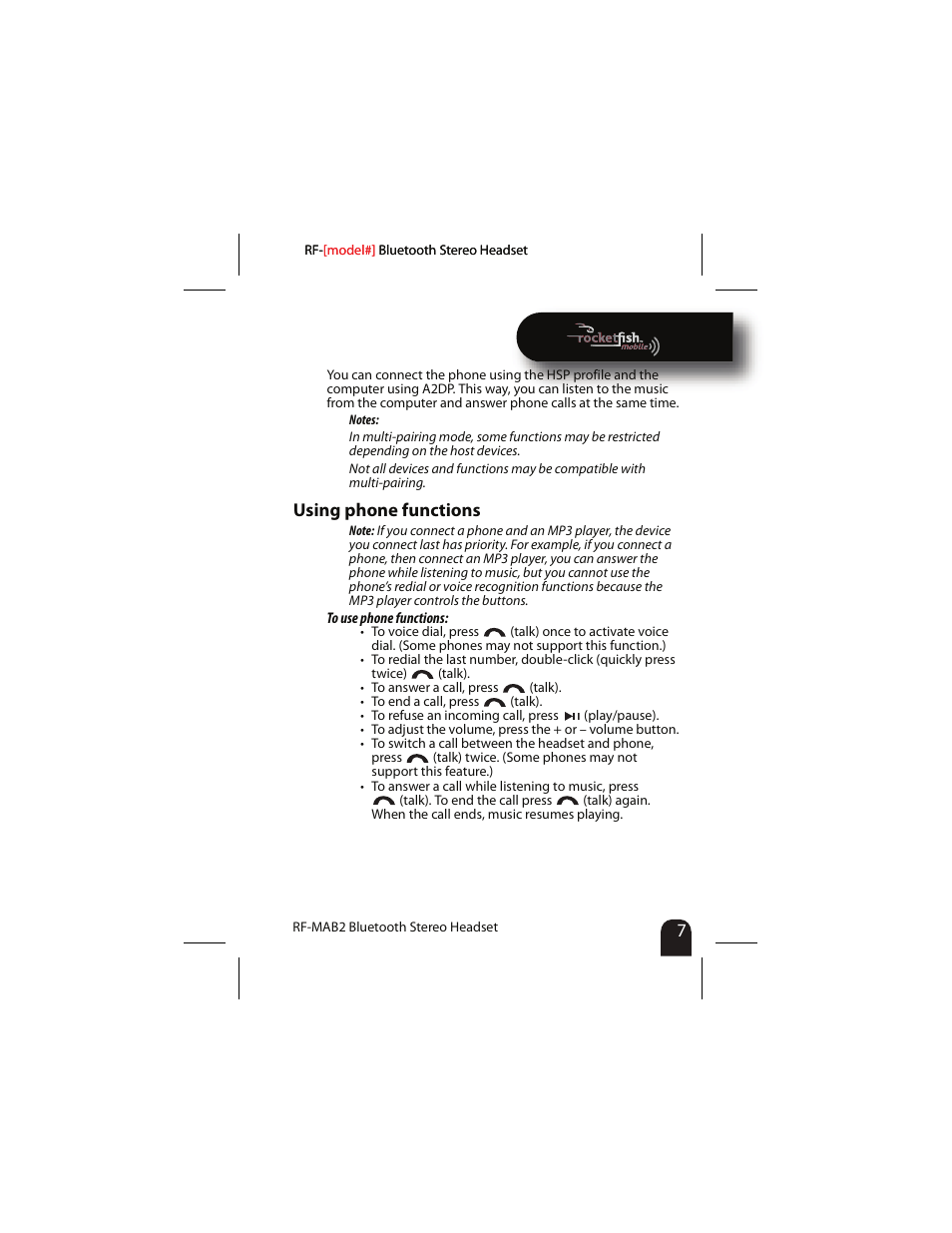 Using phone functions | RocketFish RF-MAB2 User Manual | Page 7 / 20
