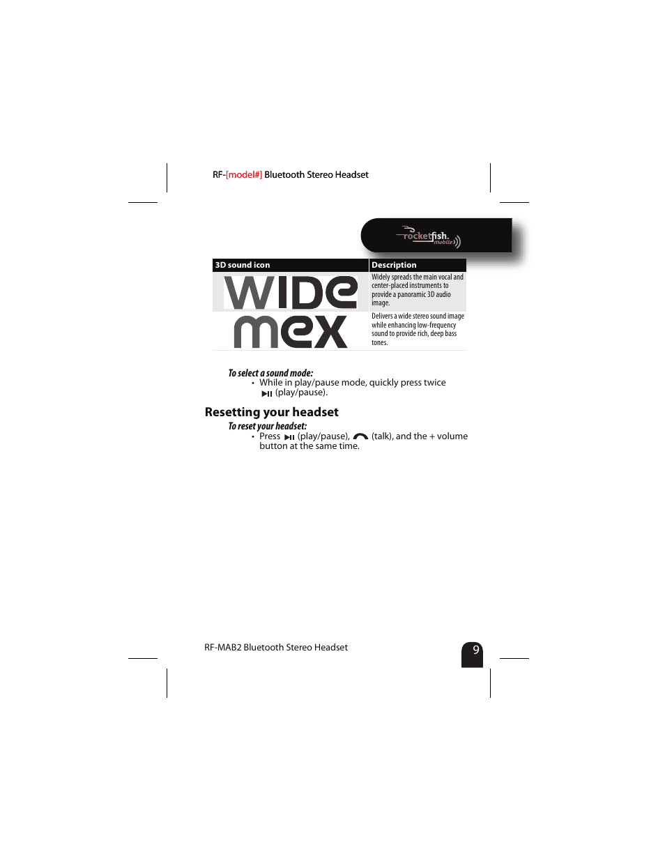 Resetting your headset | RocketFish RF-MAB2 User Manual | Page 9 / 20