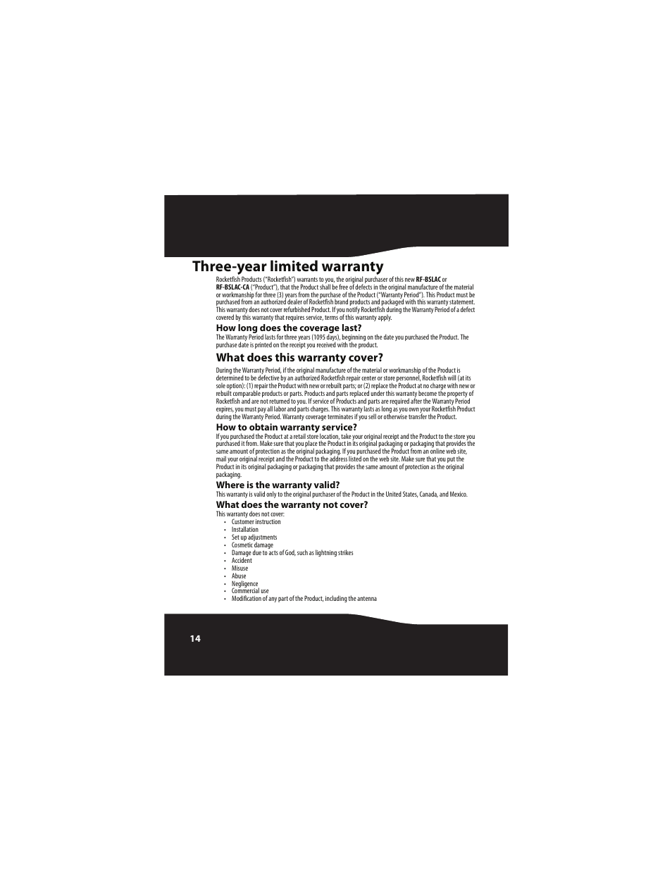 Three-year limited warranty, How long does the coverage last, What does this warranty cover | How to obtain warranty service, Where is the warranty valid, What does the warranty not cover | RocketFish RF-BSLAC User Manual | Page 14 / 16