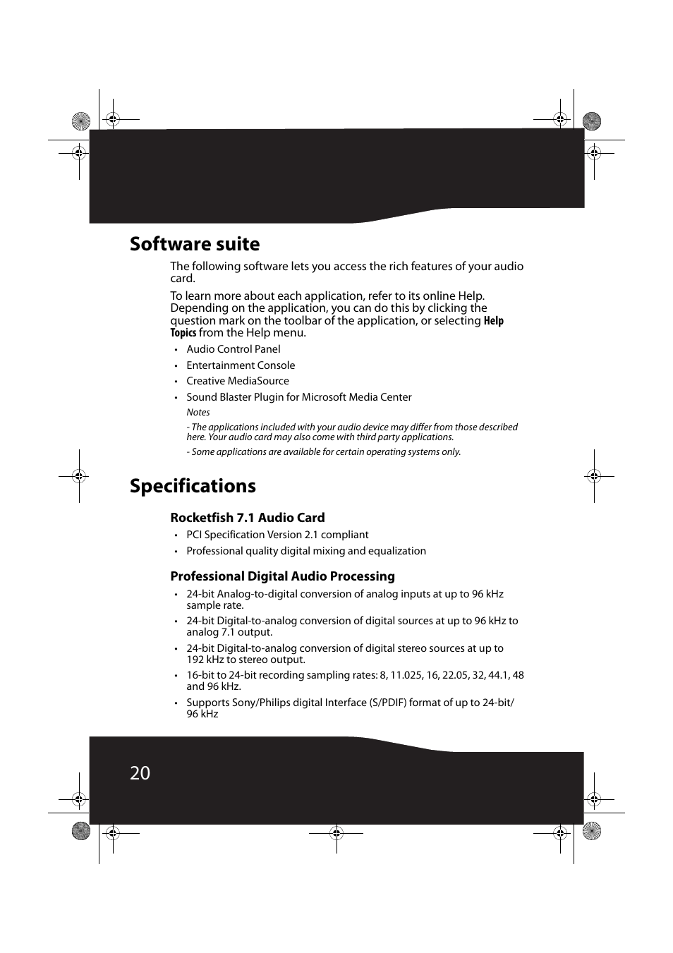 Software suite, Specifications, Rocketfish 7.1 audio card | Professional digital audio processing, Software suite specifications, 20 software suite | RocketFish RF-71SDC User Manual | Page 20 / 27