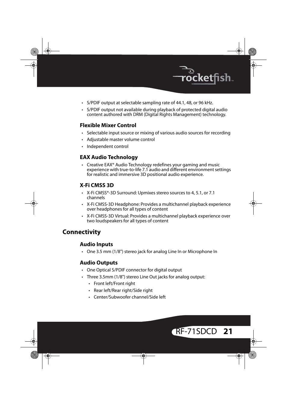 Flexible mixer control, Eax audio technology, X-fi cmss 3d | Connectivity, Audio inputs, Audio outputs, 21 rf-71sdcd | RocketFish RF-71SDC User Manual | Page 21 / 27