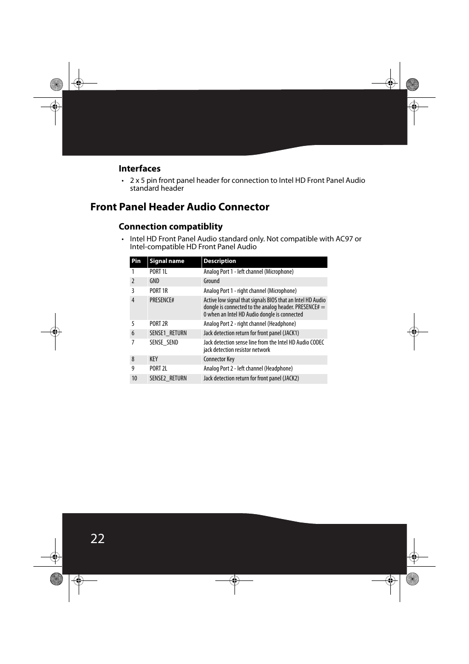 Interfaces, Front panel header audio connector, Connection compatiblity | RocketFish RF-71SDC User Manual | Page 22 / 27