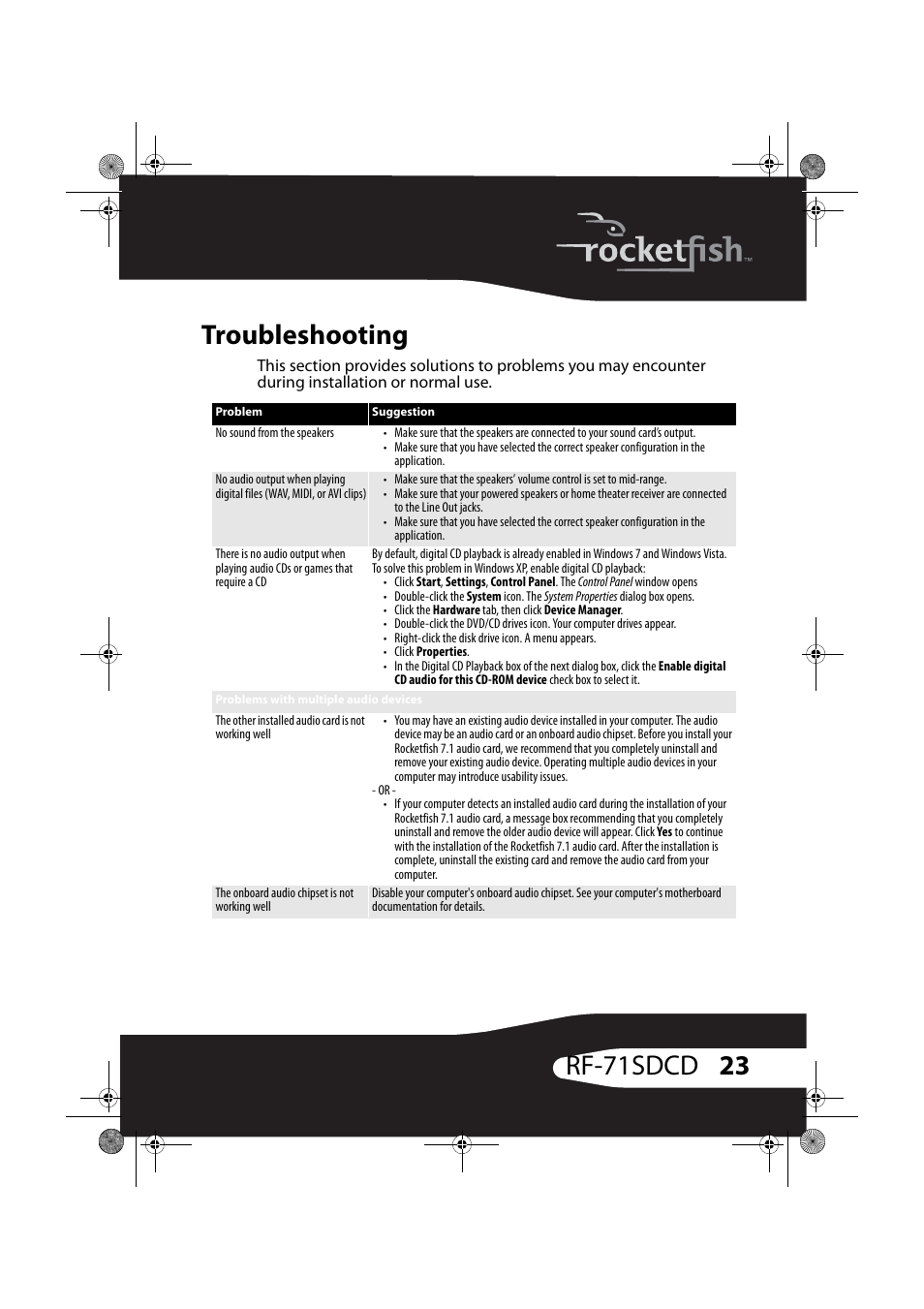 Troubleshooting, 23 rf-71sdcd troubleshooting | RocketFish RF-71SDC User Manual | Page 23 / 27
