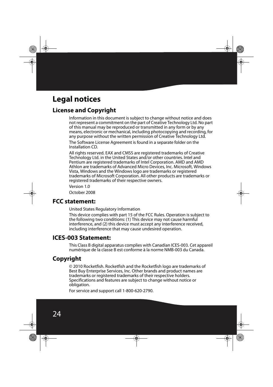 Legal notices, License and copyright, Fcc statement | Ices-003 statement, Copyright, 24 legal notices | RocketFish RF-71SDC User Manual | Page 24 / 27