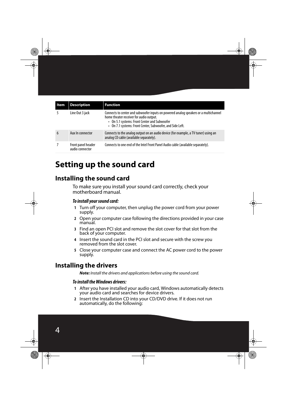 Setting up the sound card, Installing the sound card, Installing the drivers | 4setting up the sound card | RocketFish RF-71SDC User Manual | Page 4 / 27