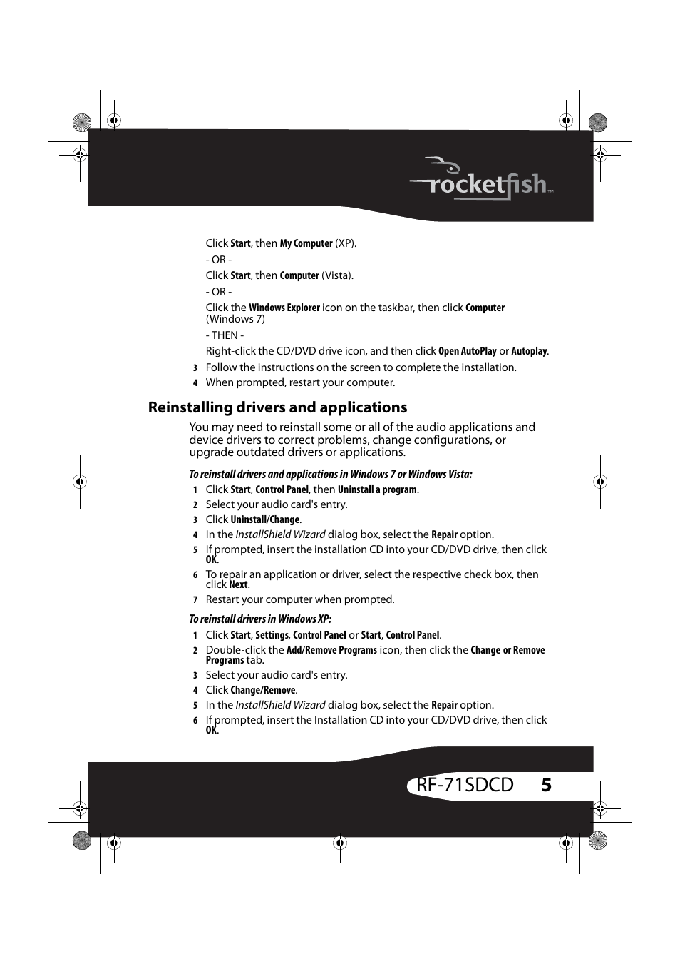 Reinstalling drivers and applications, 5rf-71sdcd | RocketFish RF-71SDC User Manual | Page 5 / 27
