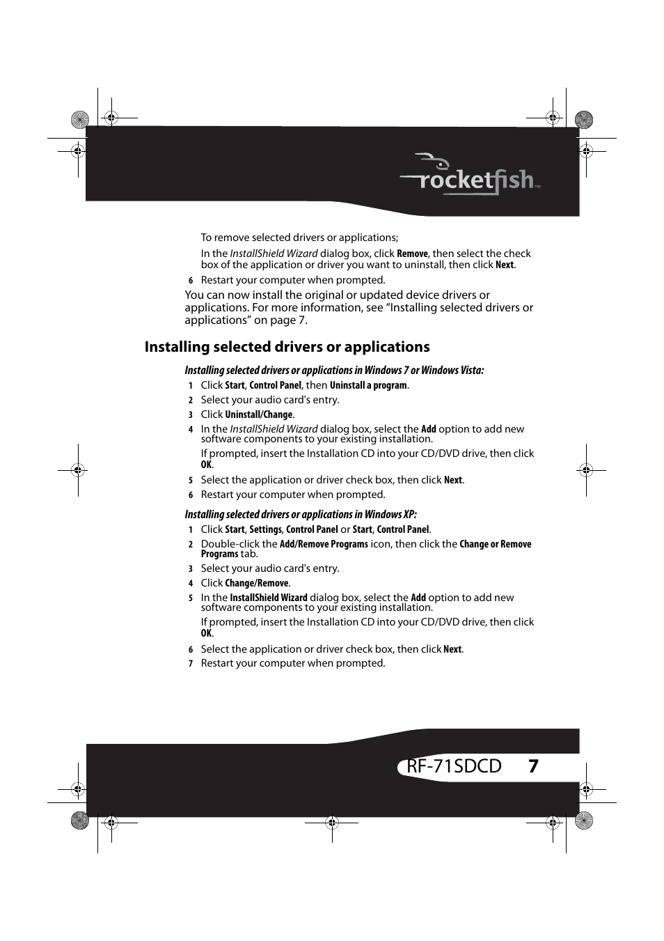 Installing selected drivers or applications, 7rf-71sdcd | RocketFish RF-71SDC User Manual | Page 7 / 27