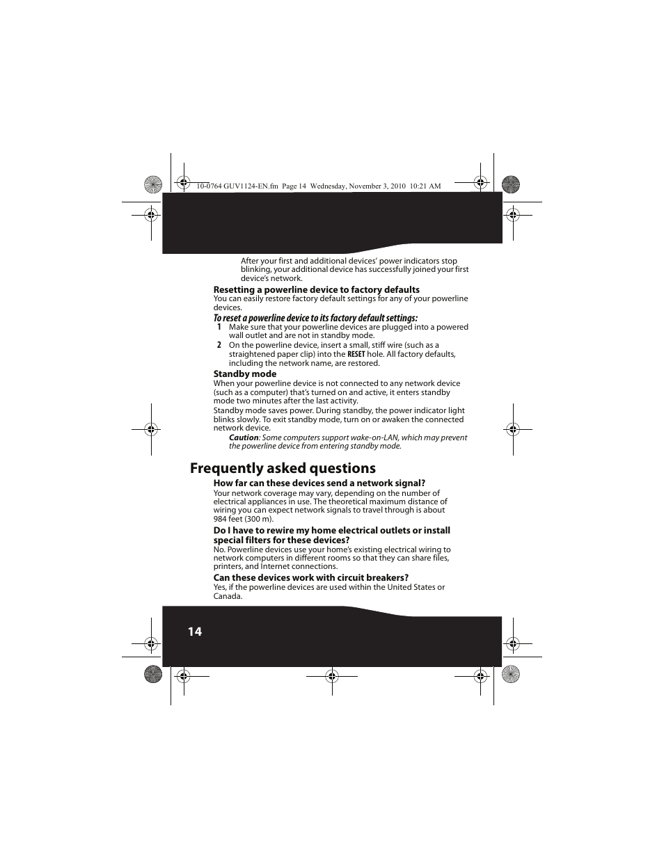 Resetting a powerline device to factory defaults, Standby mode, Frequently asked questions | How far can these devices send a network signal, Can these devices work with circuit breakers | RocketFish POWERLINE RF-GUV1124 User Manual | Page 14 / 24