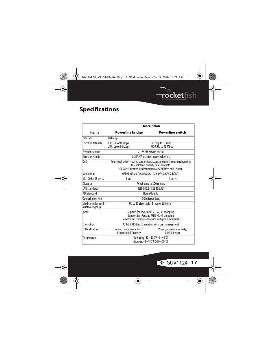 Specifications | RocketFish POWERLINE RF-GUV1124 User Manual | Page 17 / 24
