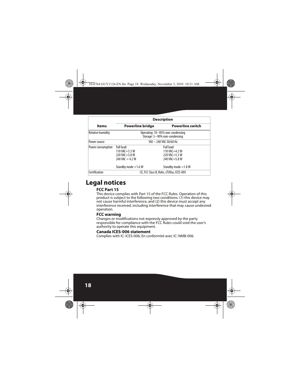 Legal notices, Fcc part 15, Fcc warning | Canada ices-006 statement | RocketFish POWERLINE RF-GUV1124 User Manual | Page 18 / 24