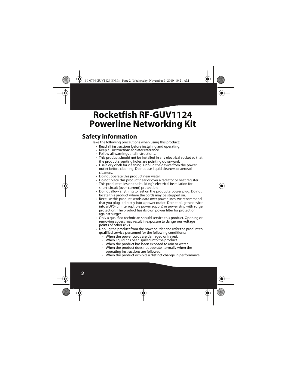 Safety information, Rocketfish rf-guv1124 powerline networking kit | RocketFish POWERLINE RF-GUV1124 User Manual | Page 2 / 24