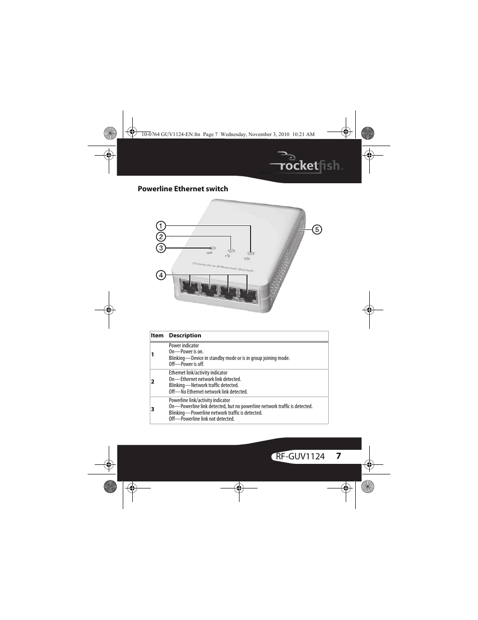 Powerline ethernet switch | RocketFish POWERLINE RF-GUV1124 User Manual | Page 7 / 24