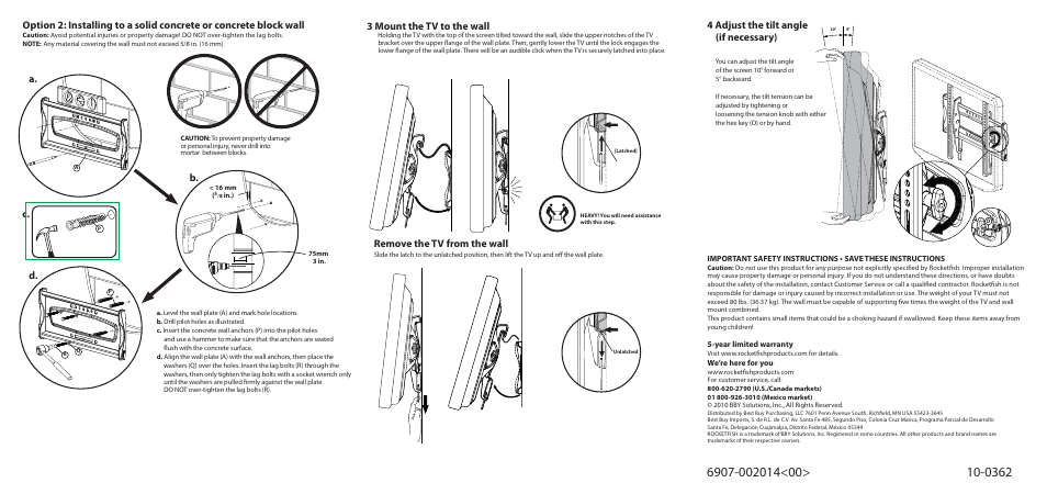3 mount the tv to the wall, 4 adjust the tilt angle (if necessary), Remove the tv from the wall | A. b. c. d | RocketFish RF-TVMLPT02 User Manual | Page 2 / 2
