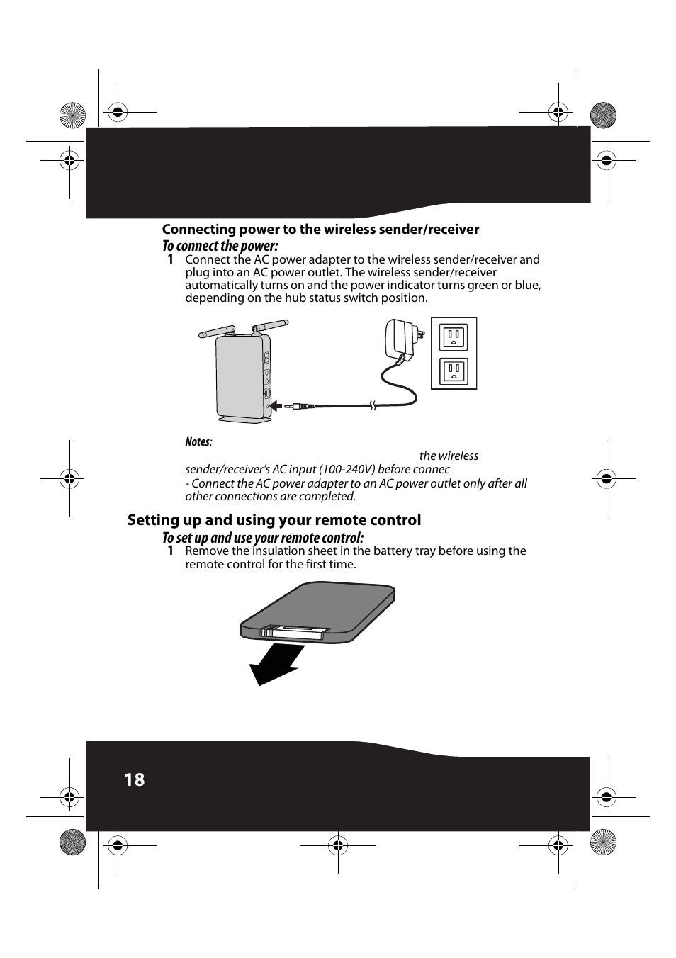 Connecting power to the wireless sender/receiver, To connect the power, Setting up and using your remote control | To set up and use your remote control | RocketFish RF-RBUSB User Manual | Page 18 / 35
