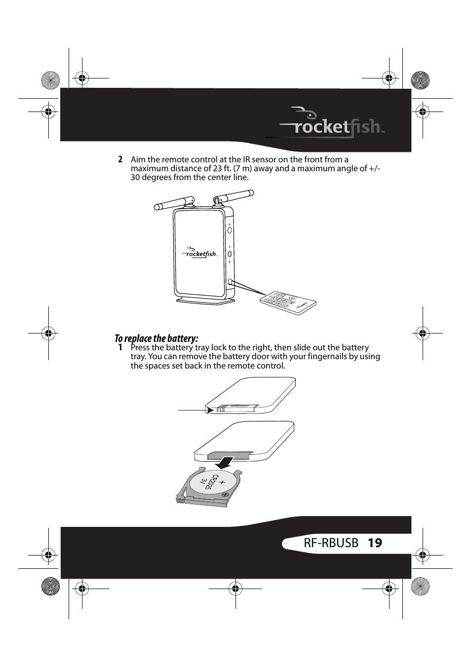 To replace the battery, 19 rf-rbusb | RocketFish RF-RBUSB User Manual | Page 19 / 35