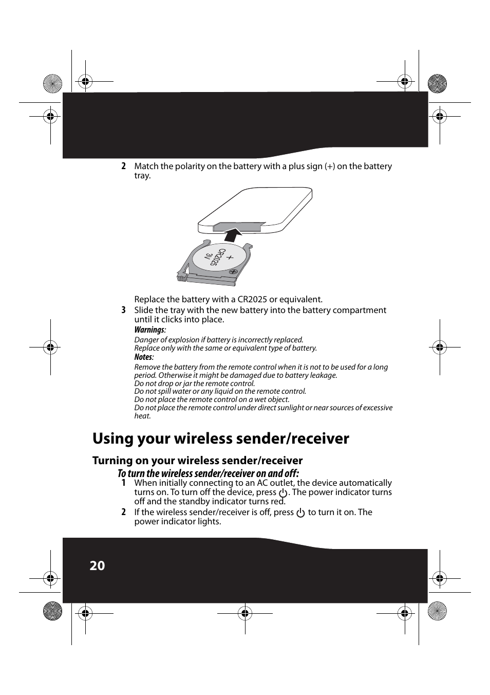 Using your wireless sender/receiver, Turning on your wireless sender/receiver, To turn the wireless sender/receiver on and off | RocketFish RF-RBUSB User Manual | Page 20 / 35