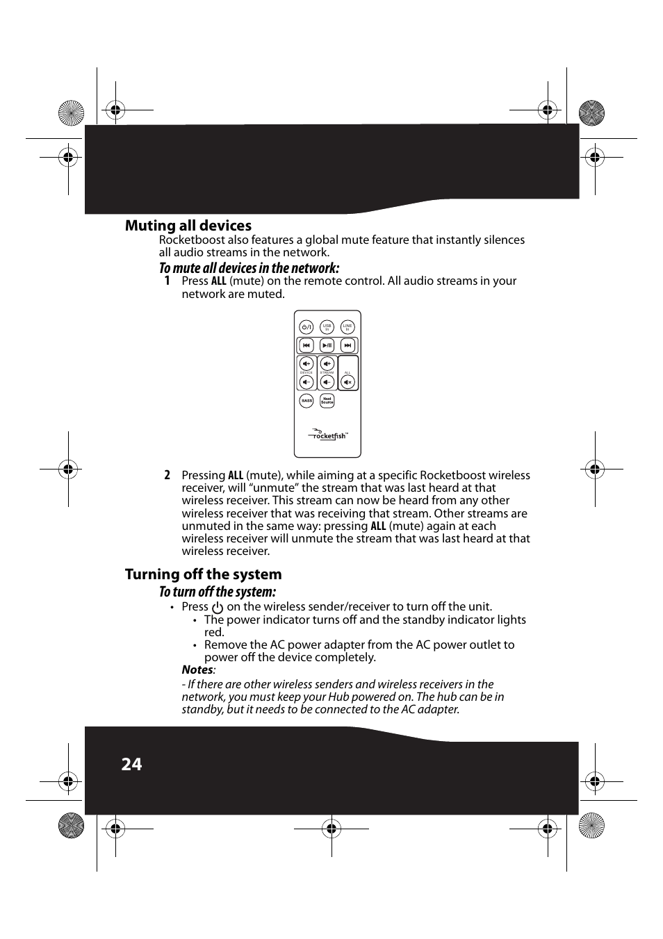 Muting all devices, To mute all devices in the network, Turning off the system | To turn off the system, Turning off the system to turn off the system | RocketFish RF-RBUSB User Manual | Page 24 / 35
