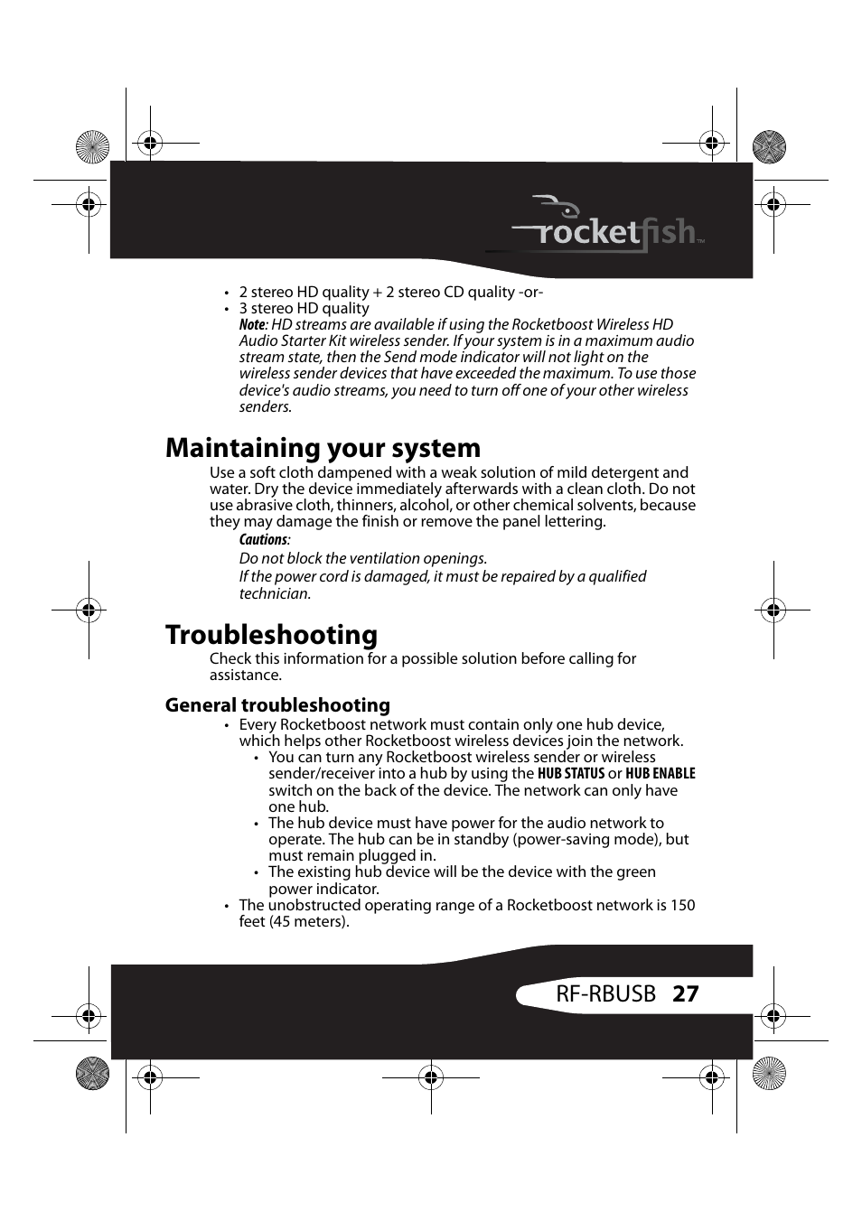 Maintaining your system, Troubleshooting, General troubleshooting | Maintaining your system troubleshooting, 27 rf-rbusb | RocketFish RF-RBUSB User Manual | Page 27 / 35