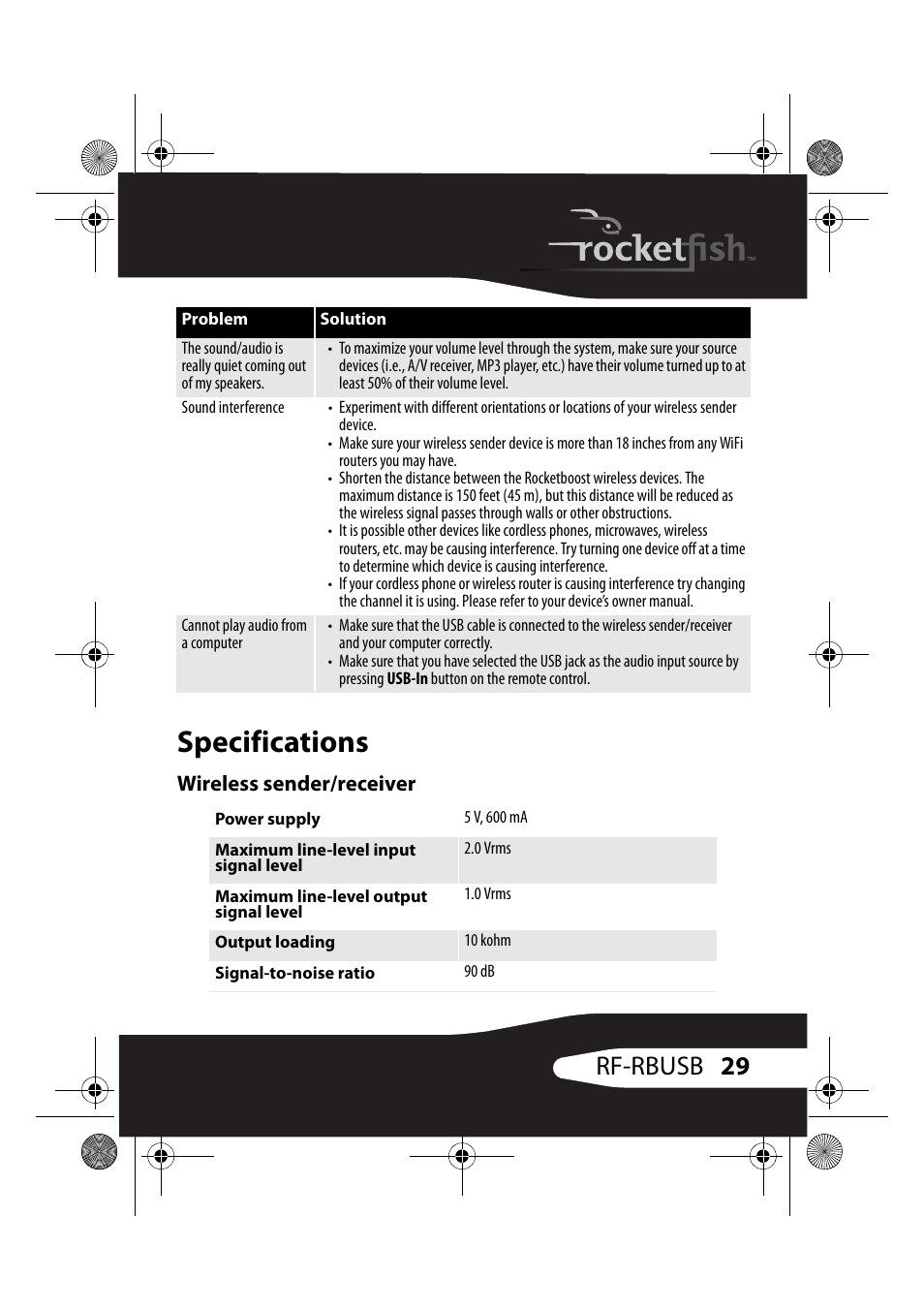 Specifications, Wireless sender/receiver, 29 rf-rbusb | RocketFish RF-RBUSB User Manual | Page 29 / 35