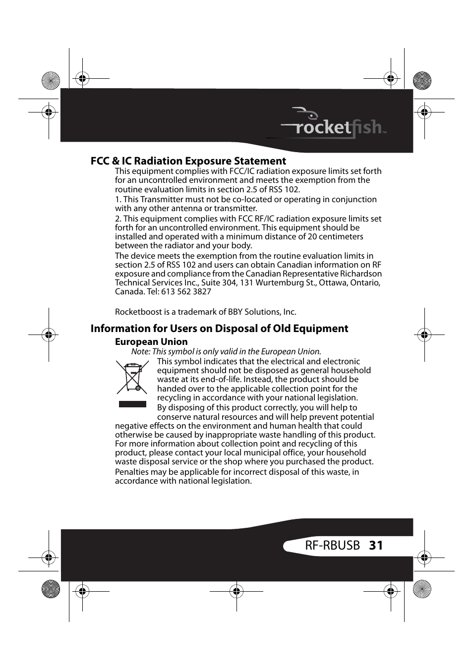 Fcc & ic radiation exposure statement, Information for users on disposal of old equipment, European union | 31 rf-rbusb | RocketFish RF-RBUSB User Manual | Page 31 / 35