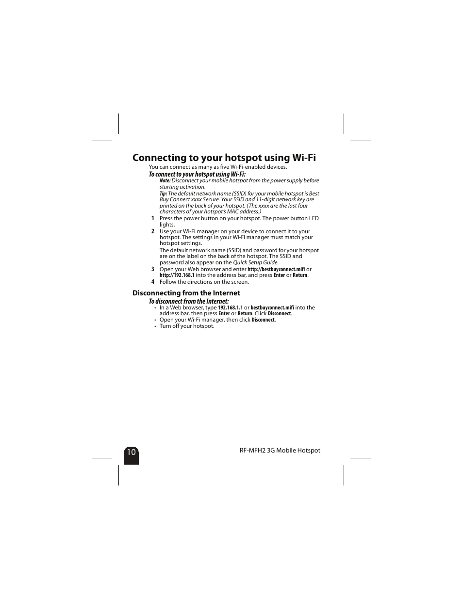 Connecting to your hotspot using wi-fi, Disconnecting from the internet | RocketFish RF-MFH2 User Manual | Page 10 / 24