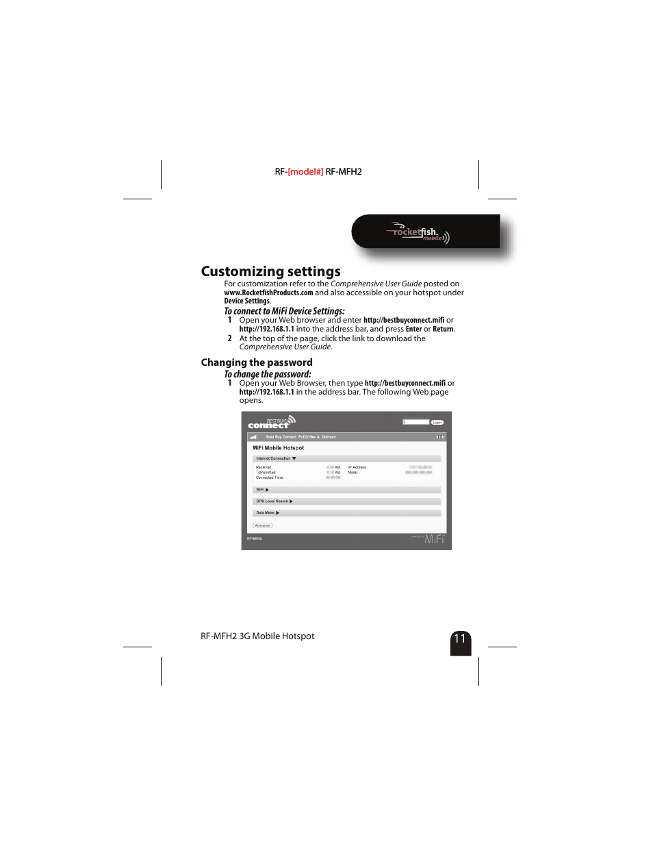 Customizing settings, Changing the password | RocketFish RF-MFH2 User Manual | Page 11 / 24