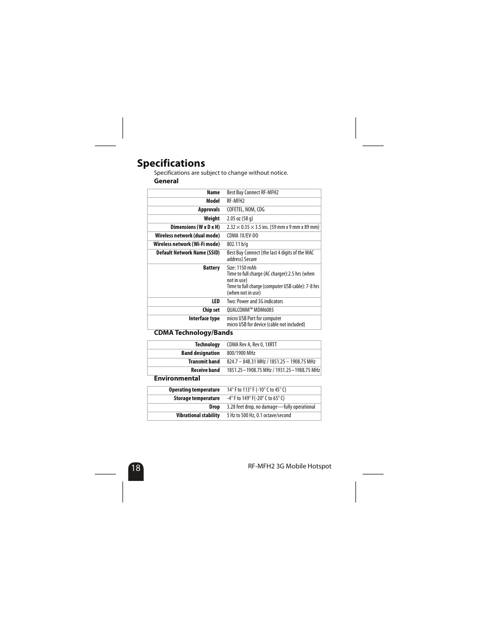 Specifications, General, Cdma technology/bands | Environmental | RocketFish RF-MFH2 User Manual | Page 18 / 24