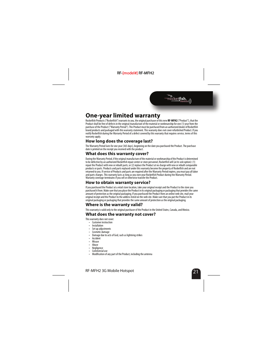 One-year limited warranty | RocketFish RF-MFH2 User Manual | Page 21 / 24
