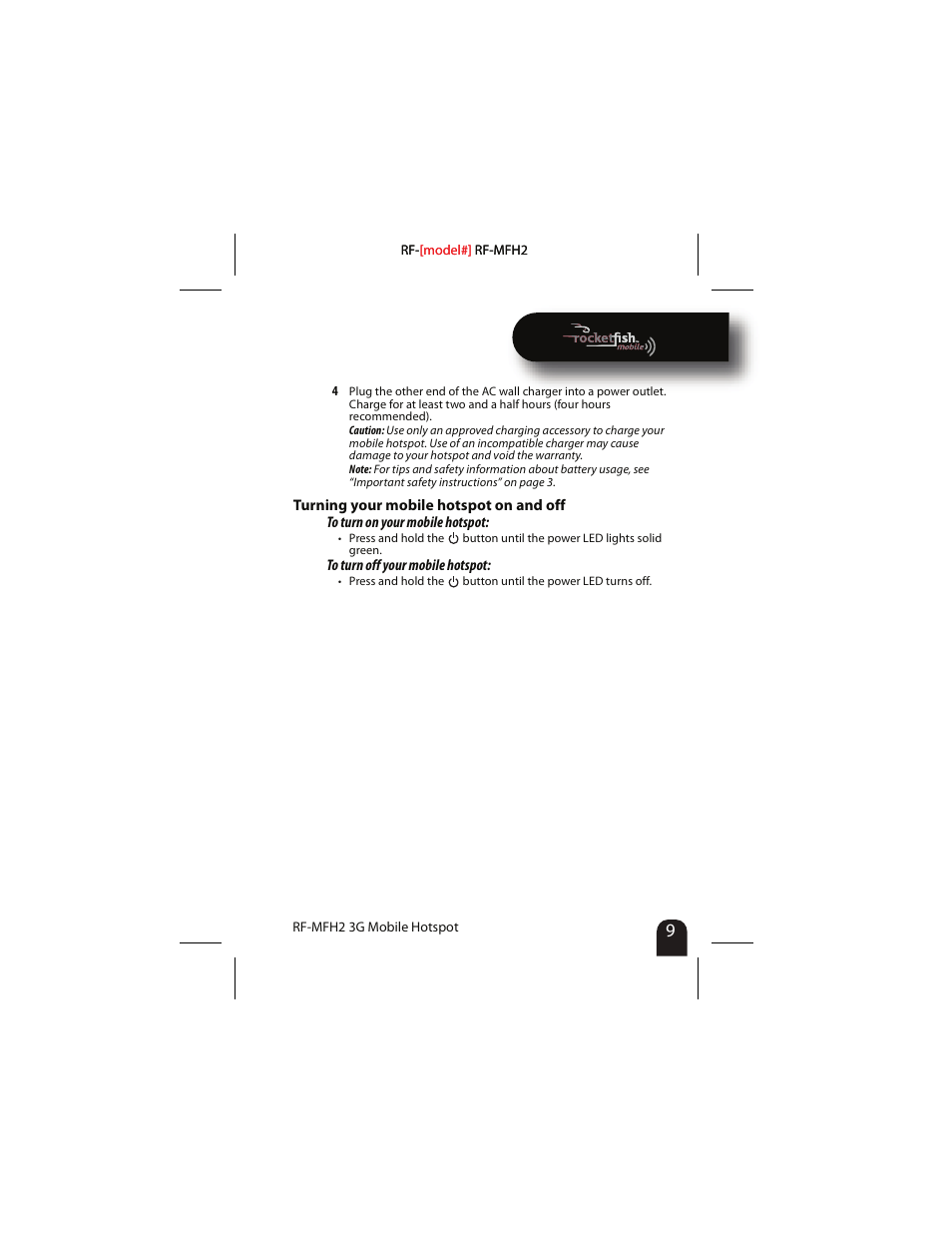 Turning your mobile hotspot on and off | RocketFish RF-MFH2 User Manual | Page 9 / 24