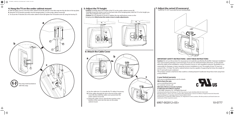 Hang the tv on the under cabinet mount, Adjust the swivel (if necessary), Attach the cable cover | Adjust the tv height | RocketFish RF-TVMUC01 User Manual | Page 2 / 2
