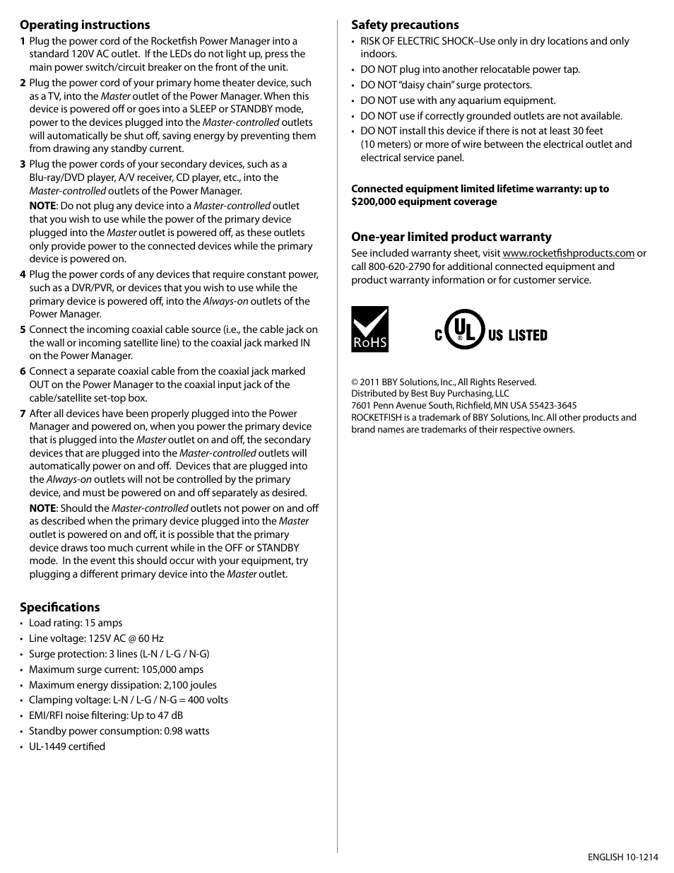 RocketFish RF-HTS105 User Manual | Page 2 / 2