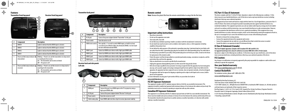 Features, Remote control, Important safety instructions | Fcc rf exposure statement, Canadian rf exposure statement, Fcc part 15 class b statement, Ic class b statement (canada), Fcc caution, One-year limited warranty, Contact rocketfish | RocketFish RF-WHD200 User Manual | Page 2 / 2
