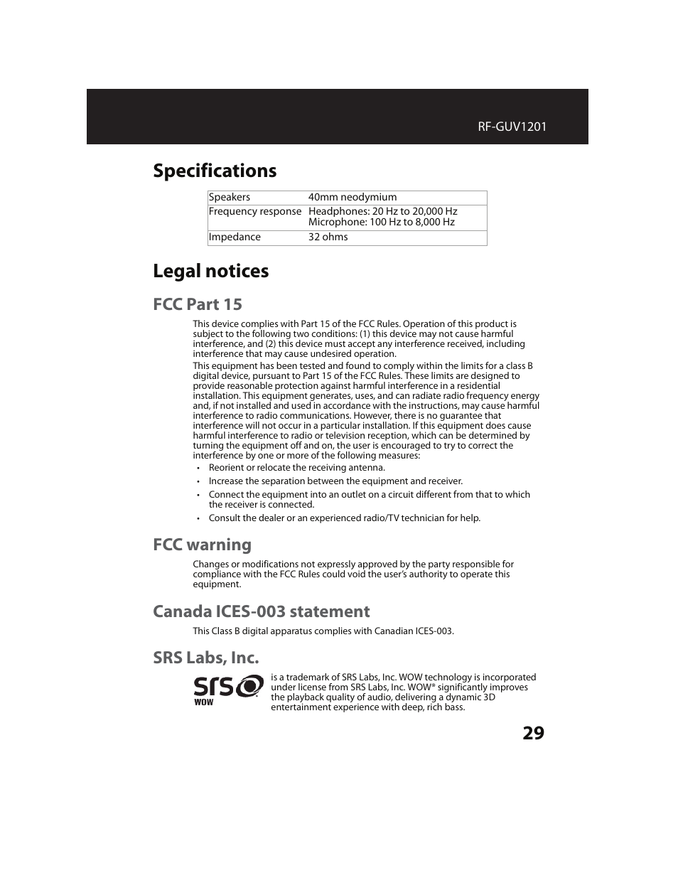 Specifications, Legal notices, Fcc part 15 | Fcc warning, Canada ices-003 statement, Srs labs, inc, Specifications legal notices | RocketFish RF-GUV1201 User Manual | Page 29 / 32