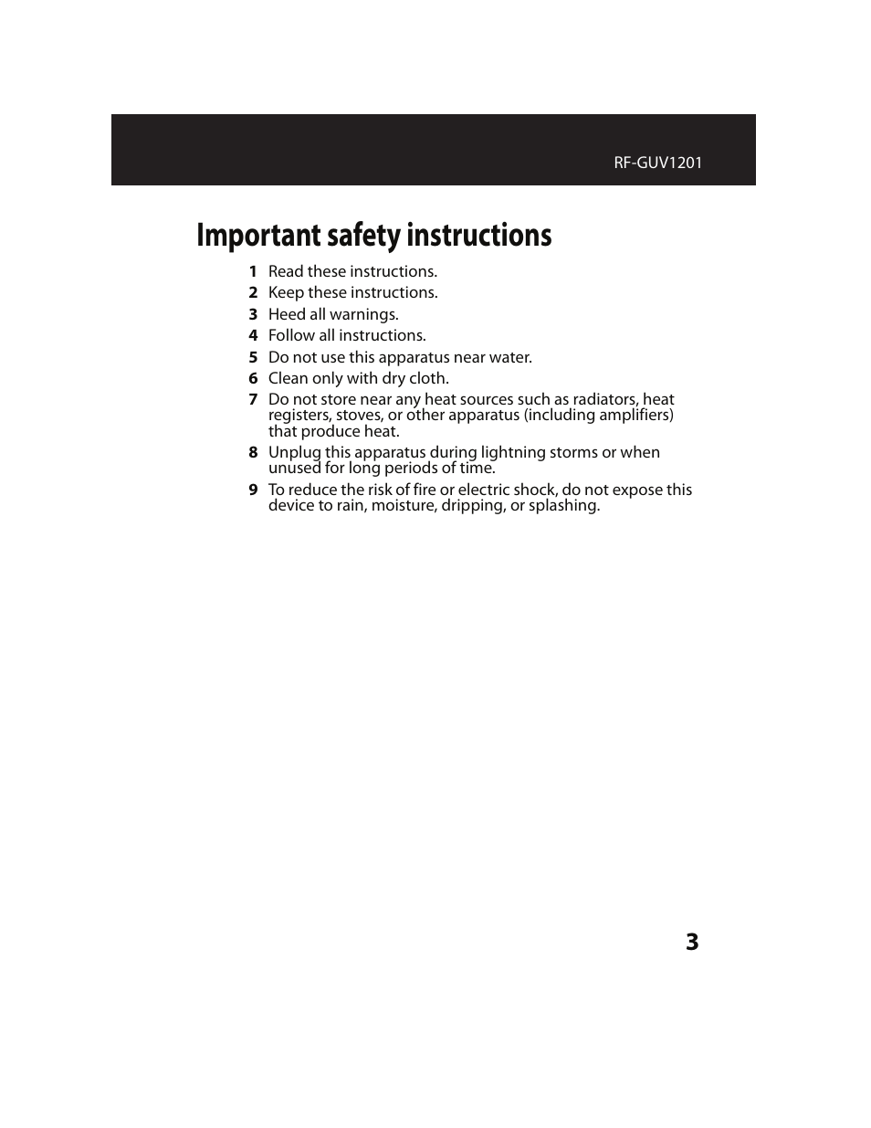 Important safety instructions | RocketFish RF-GUV1201 User Manual | Page 3 / 32