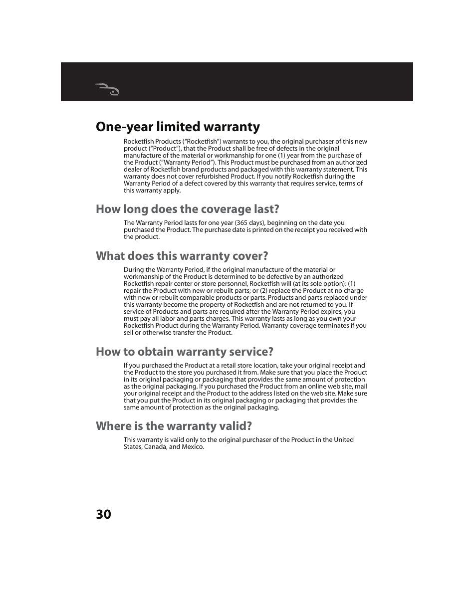 One-year limited warranty, How long does the coverage last, What does this warranty cover | How to obtain warranty service, Where is the warranty valid, 30 one-year limited warranty | RocketFish RF-GUV1201 User Manual | Page 30 / 32
