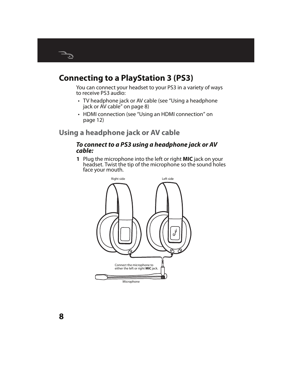 Connecting to a playstation 3 (ps3), Using a headphone jack or av cable, 8connecting to a playstation 3 (ps3) | RocketFish RF-GUV1201 User Manual | Page 8 / 32