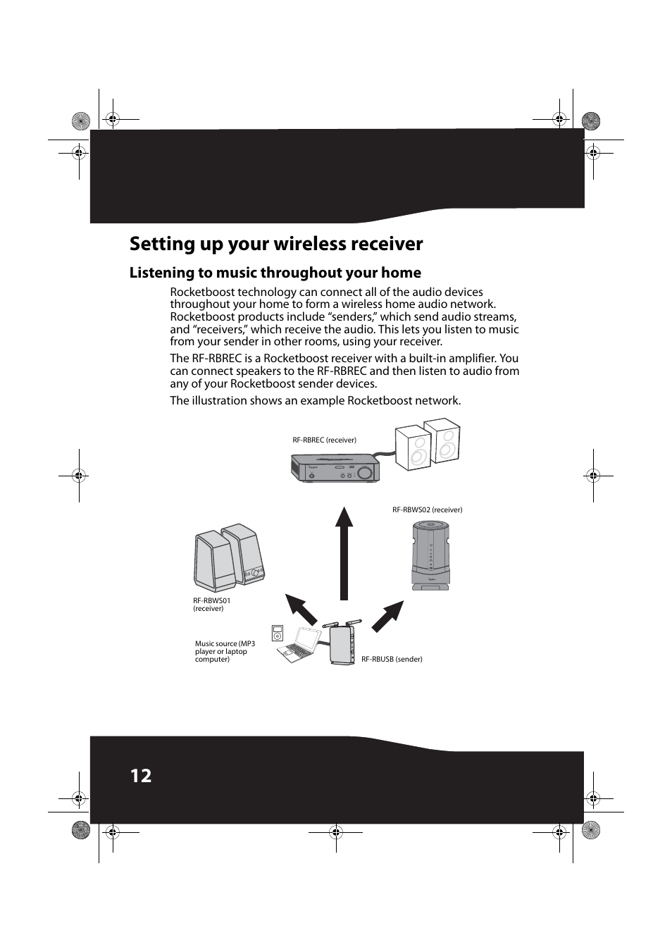 Setting up your wireless receiver, Listening to music throughout your home, 12 setting up your wireless receiver | RocketFish ROCKETBOOST RF-RBREC User Manual | Page 12 / 29