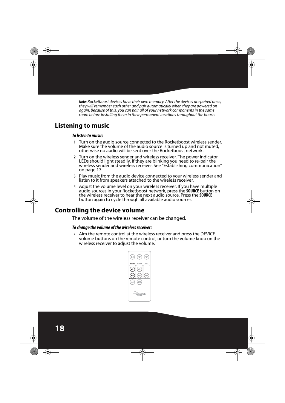 Listening to music, To listen to music, Controlling the device volume | To change the volume of the wireless receiver | RocketFish ROCKETBOOST RF-RBREC User Manual | Page 18 / 29