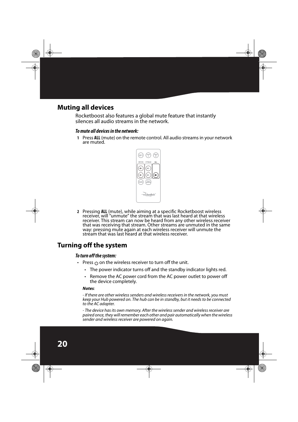 Muting all devices, To mute all devices in the network, Turning off the system | To turn off the system | RocketFish ROCKETBOOST RF-RBREC User Manual | Page 20 / 29