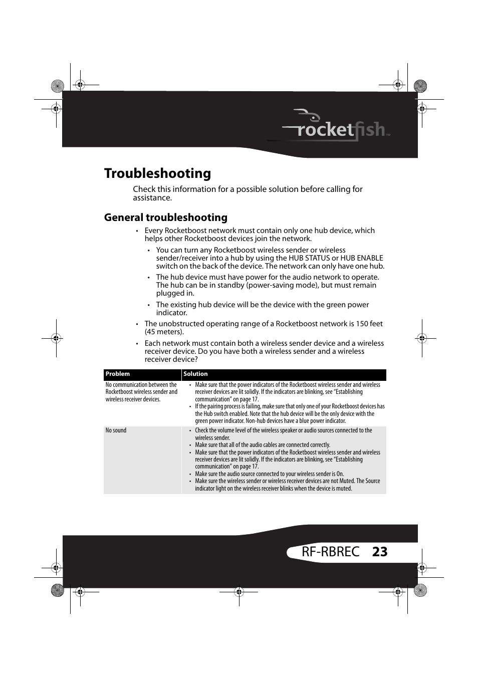 Troubleshooting, General troubleshooting, 23 rf-rbrec troubleshooting | RocketFish ROCKETBOOST RF-RBREC User Manual | Page 23 / 29