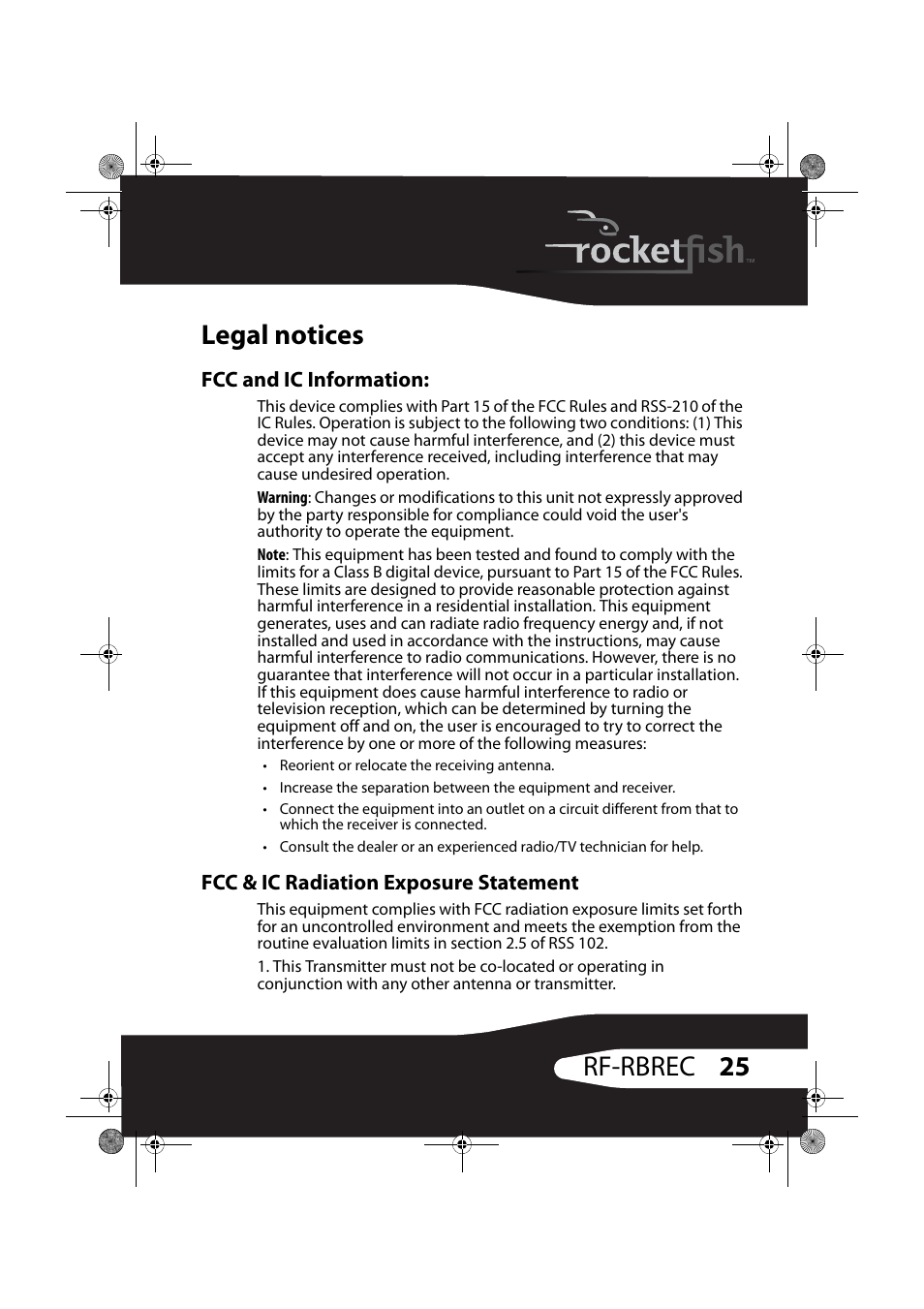 Legal notices, Fcc and ic information, Fcc & ic radiation exposure statement | 25 rf-rbrec legal notices | RocketFish ROCKETBOOST RF-RBREC User Manual | Page 25 / 29