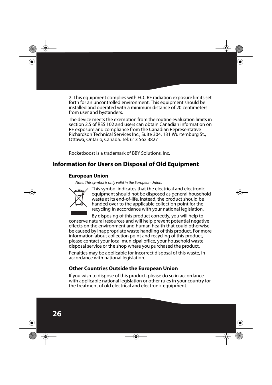 Information for users on disposal of old equipment, European union, Other countries outside the european union | RocketFish ROCKETBOOST RF-RBREC User Manual | Page 26 / 29