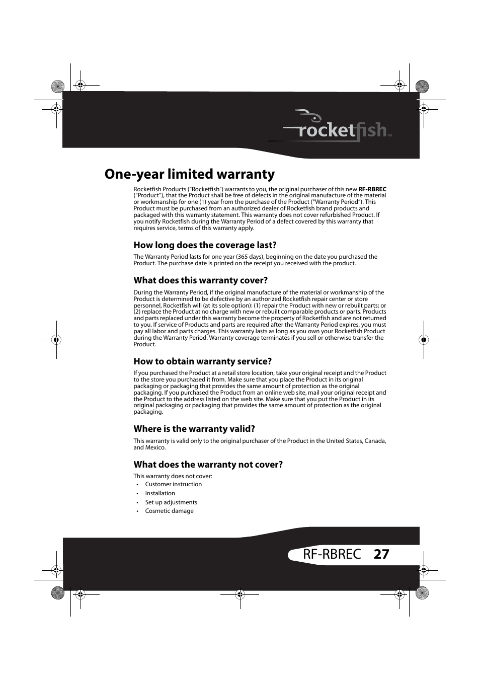 One-year limited warranty, How long does the coverage last, What does this warranty cover | How to obtain warranty service, Where is the warranty valid, What does the warranty not cover, 27 rf-rbrec one-year limited warranty | RocketFish ROCKETBOOST RF-RBREC User Manual | Page 27 / 29