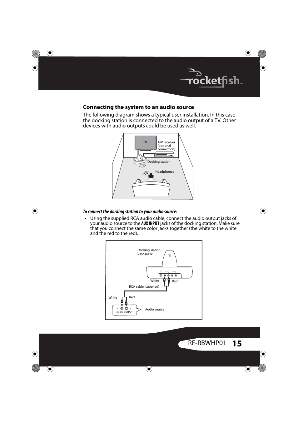 Rf-rbwhp01, Connecting the system to an audio source | RocketFish ROCKETBOOST RF-RBWHP01 User Manual | Page 15 / 31