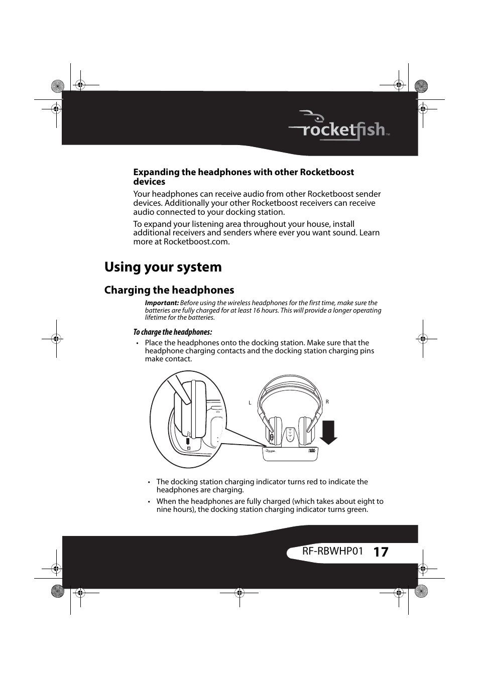Using your system, Charging the headphones, Rf-rbwhp01 | RocketFish ROCKETBOOST RF-RBWHP01 User Manual | Page 17 / 31