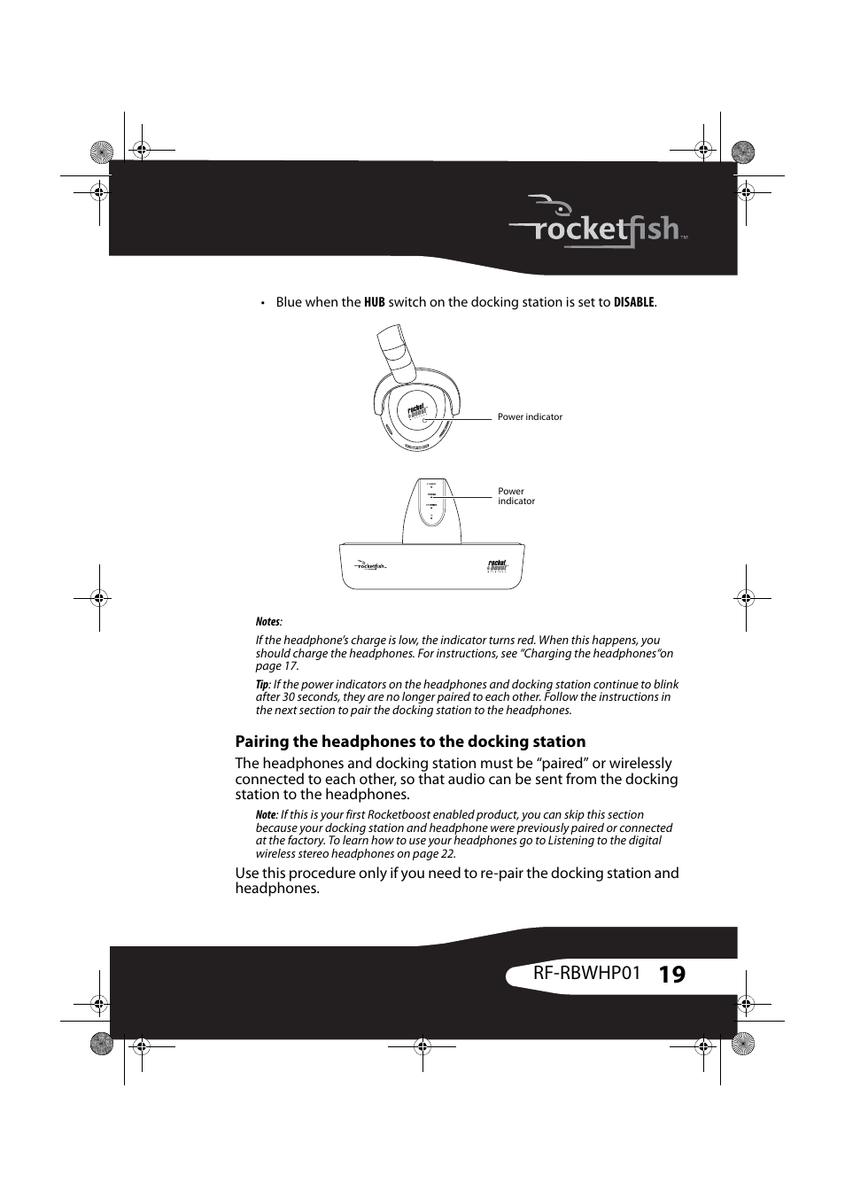 Rf-rbwhp01, Pairing the headphones to the docking station | RocketFish ROCKETBOOST RF-RBWHP01 User Manual | Page 19 / 31
