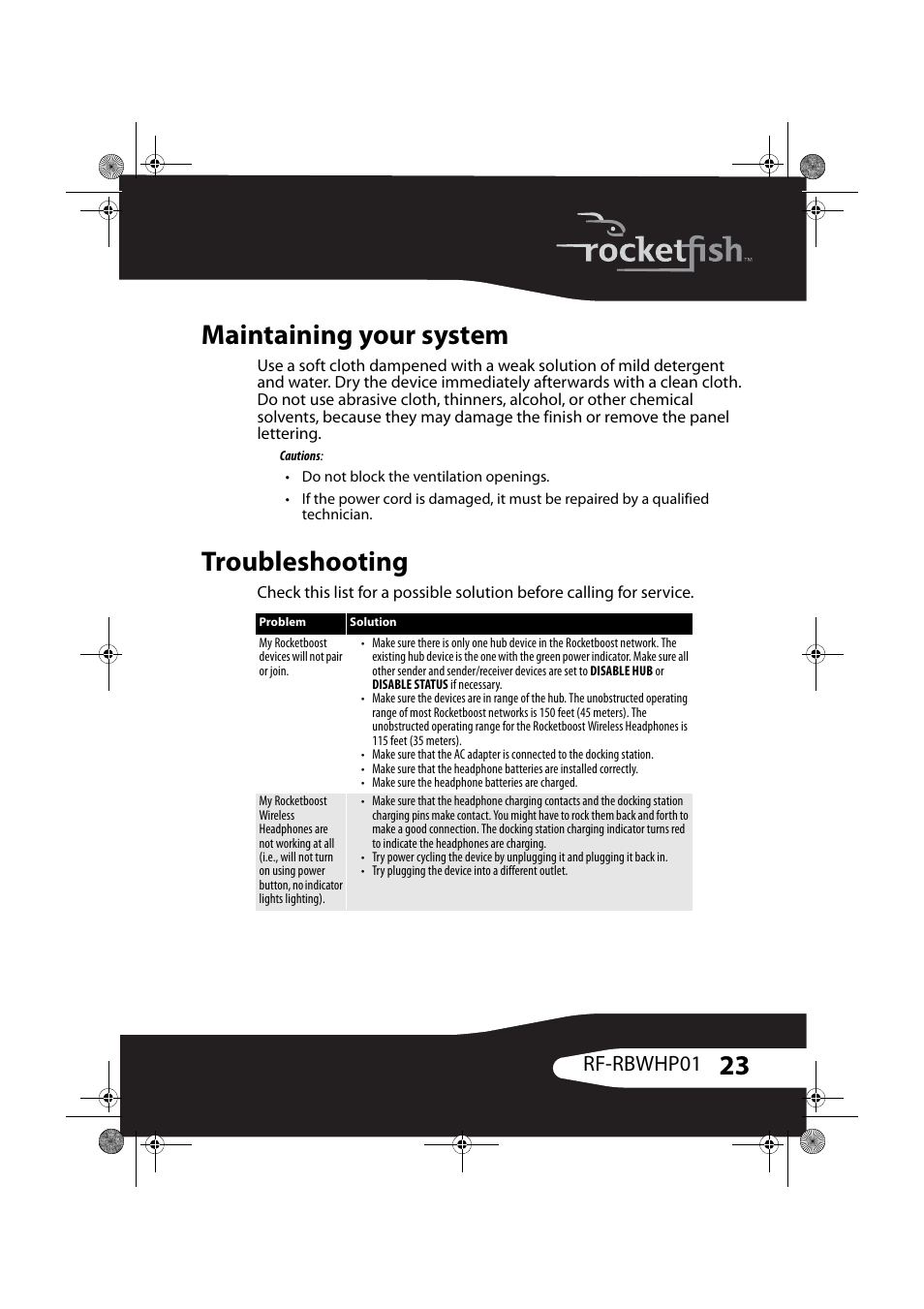 Maintaining your system, Troubleshooting, Maintaining your system troubleshooting | Rf-rbwhp01 | RocketFish ROCKETBOOST RF-RBWHP01 User Manual | Page 23 / 31