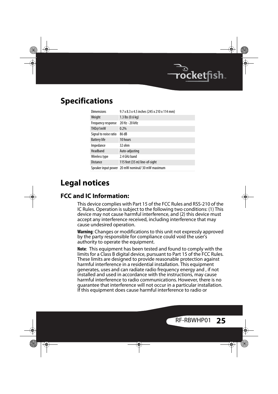 Specifications, Legal notices, Fcc and ic information | Specifications legal notices, Rf-rbwhp01 | RocketFish ROCKETBOOST RF-RBWHP01 User Manual | Page 25 / 31
